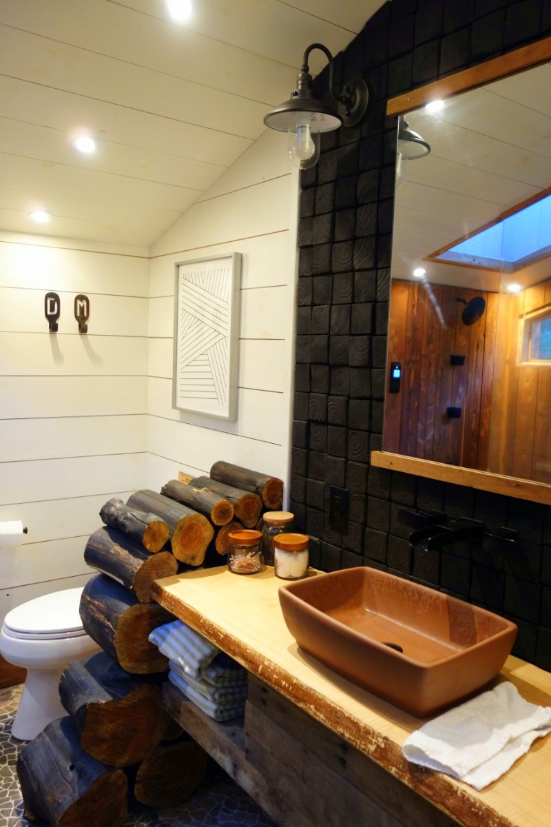 There's a long counter with a unique sink and a proper toilet on the right side of the room.